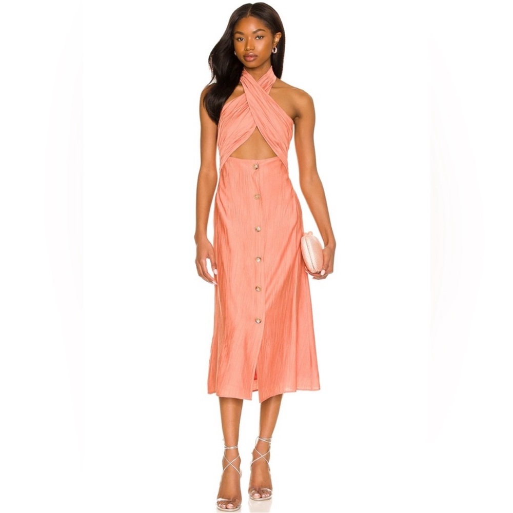 NWT line & Dot Coral Halter Midi Dress Cross Front Cutout Resort Dress